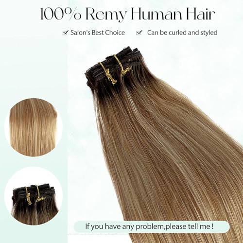 Image of Clip in Hair Extensions Real Human Hair 7Pcs 18 Inch Balayage Blonde Human Hair Clip in Extensions Ombre Brown to Bleach Blonde Highlights Hair for Women