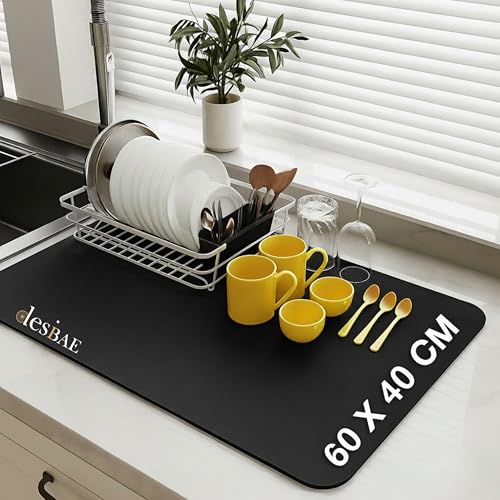 Image of Dish Drying Mat for Kitchen | Super Absorbent Microfiber Dish Drainer | Anti-Slip Quick Drying for Utensils, Glasses & Plates | Washable Kitchen Accessories | Washable Sink Organizer Pad (40 *60)