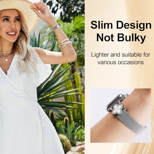 Joyozy Slim Metal Band Compatible with Apple Watch Band 38mm 40mm 41mm 42mm 44mm 45mm 46mm 49mm Skinny Magnetic Strap with Bling Charms, Cute Stainless Steel Band, Dressy Thin iWatch Bracelet for Women