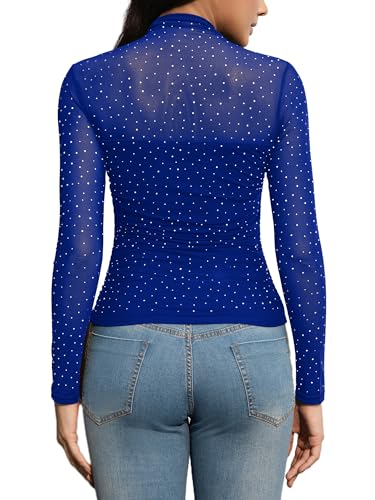 SEBOWEL Women Rhinestone Top Blouse Glitter Sparkly Ruched See Through Top Mock Turtle Neck Long Sleeve Sheer Mesh Tops2
