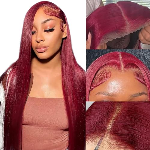 Asidow Burgundy Lace Front Wigs Human Hair Pre Plucked 200 Density 99J Straight 13X4 HD Lace