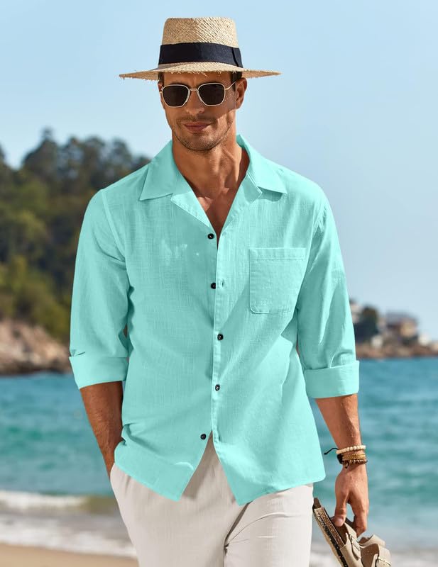 Image of Combo of Men's Casual Cotton Blend Shirt || Long Sleeve Button Down with Spread Collar | Lightweight Breathable Fabric | Stylish Solid Shirt for Beach, Office & Everyday Wear Pack of 2
