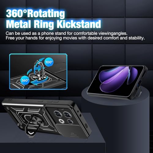 Image of Heavy Duty Back Case Cover for Oppo Reno 13 Pro 5G, Shockproof Oppo Reno 13 Pro Back Cover, Ring Case with Kickstand and Camera Protection Shutter - Black