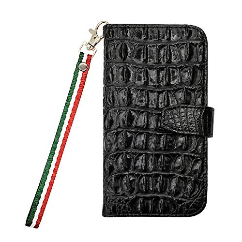 sslink iPhone17 Pro Max アイフォン17プロマックス 対応 手帳型 ケース クロコ柄 (ブラック) 型押し PUレザー 合皮 クロコダイル ワニ革調 ボーダー(イタリア) ハンドストラップ 付き ストラップホール ストラップ穴 シンプ