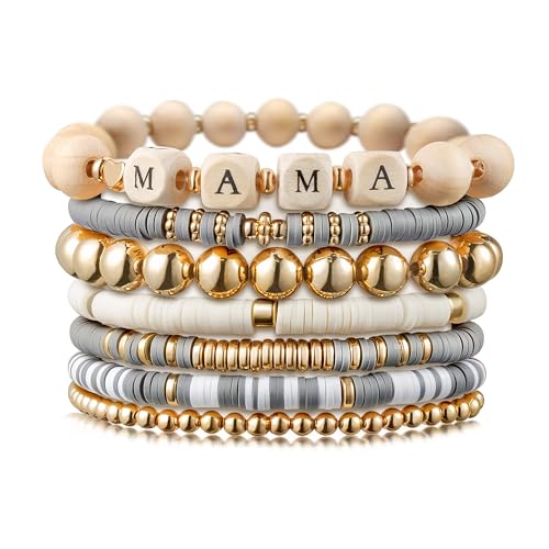 Y1tvei 7Pcs Mama Gray Bracelets Set Wooden Stackable Heishi Polymer Clay Beaded Stretch Surfer Bracelet Dainty Gold Plated Beads Elastic Layering Bracelet Mama to Be Mother's Day Gifts for Mom
