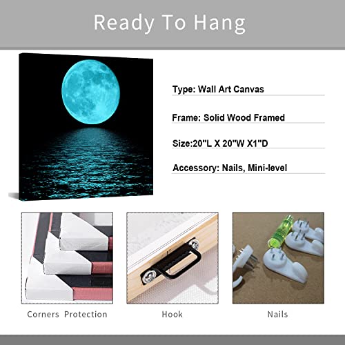 Conipit Moon Sea Wall Art Teal Blue Moon Framed Canvas 20''X20'' Full Moon Painting Moon Ocean Picture Blue Night Seascape Artwork Moon Phase Picture Office Home Decoration Framed #TOP5