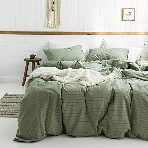 VM VOUGEMARKET Washed Cotton Duvet Cover Set,Maccha Green Stripes Bedding Set,King Size Reversible