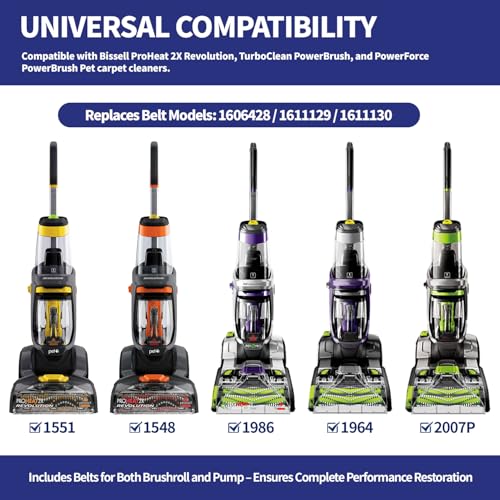 Image of Replacement Belt Set for Bissell ProHeat 2X Revolution Pet Pro Carpet Cleaner Fits 1986 1548 1551 2007 1964 2007P Replaces 1606428x2, 1611129x1, 1611130x1 3 Types: Flat, Brush & Gear Belts (4Pack)