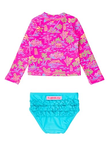 Image of RuffleButts Baby /Toddler Girls Long Sleeve Rash Guard 2 Piece Swimsuit Set w /UPF 50+ Sun Protection with Zipper