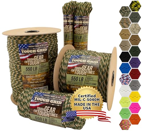 TOUGH-GRID 550 Paracord Rope Nylon Parachute Cord, Made in USA Survival Kit, Outdoor Adventures...