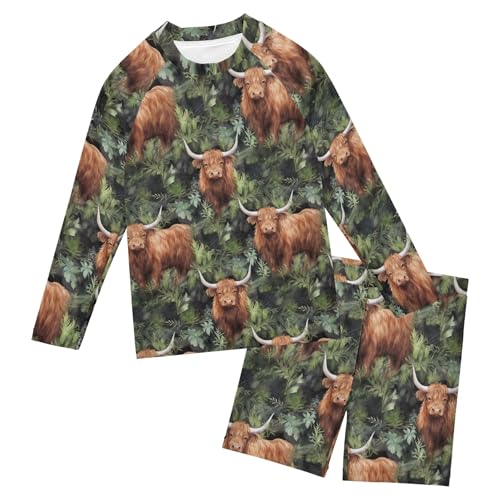 Highland Cow Forest Boys Rash Guard Swimsuits Set for Boys Long Sleeve Swim Shirts Bathing Suits B0403032