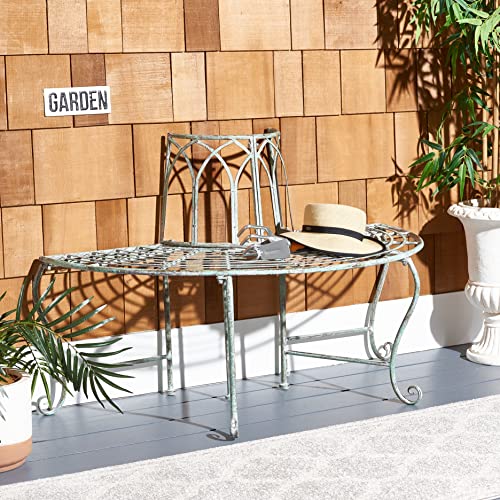 Image of SAFAVIEH Outdoor - Abia Iron Tree Bench - Antique Dark Green Iron Metal - Vintage Scrollwork Garden Design - Ideal for Patio, Deck, Porch, Garden, 17 inch Seat Height (PAT5018D)