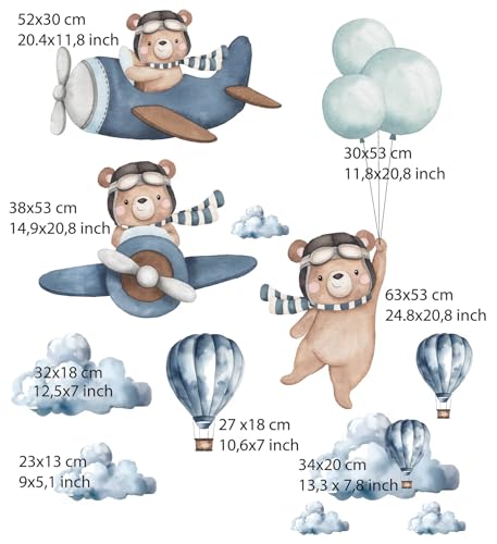 Large Bear & Airplanes Wall Stickers for Kids Bedroom - Bear Hot Air Balloon Wall Decals - Baby Nursery Wall Decals - Plane Wall Sticker for Baby Nursery Playroom Bedroom Girls Boy Room Wall Decor - Image 5