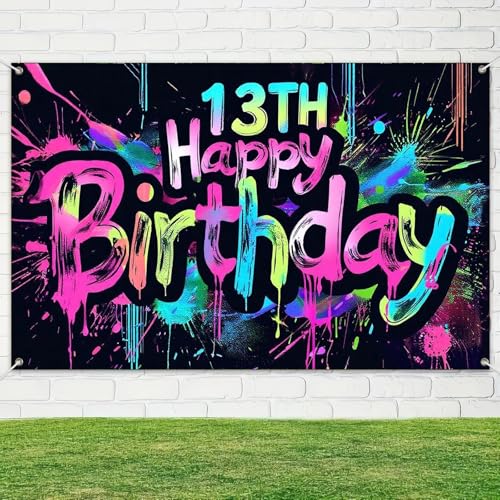 Image of HOMETITUTE Neon 13th Happy Birthday Banner 71x43 Inch Paint Splatter Glow in The Dark Party Backdrop Colorful Wall Decor for Teens Boys Girls Thirteenth Birthday Celebrations Props Event Supplies