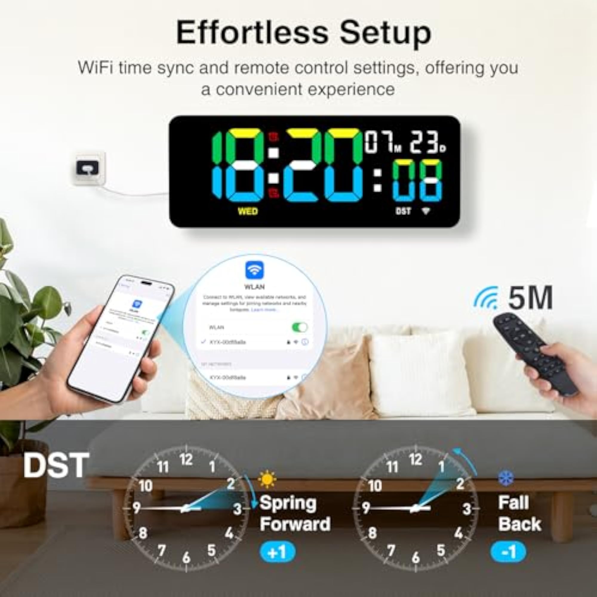 12.2 Inch Digital Wall Clock WiFi Sync with Remote Control