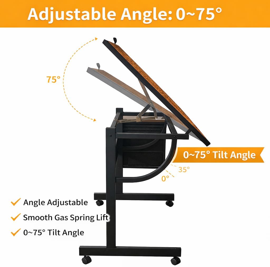 Adjustable Drafting Table with Wheels, Tilting Drawing Desk with 4 Trays & 2 Drawers, Art Craft Workstation for Studio, Home Office & Painting (Color A)