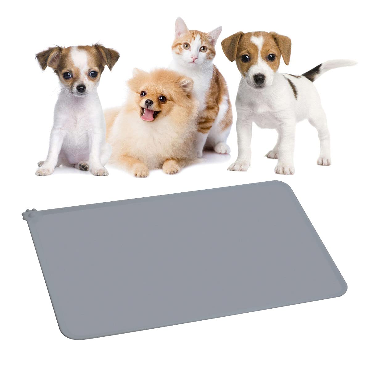 YUDISEN Dog and Cat Silicone Food Mat, 19''x12'' Waterproof Pet Placemat and Non Slip Silicone Pet Feeding Mat for Food and Water Bowls, Feeding Tray To Keep Your Floor Clean (Gray)