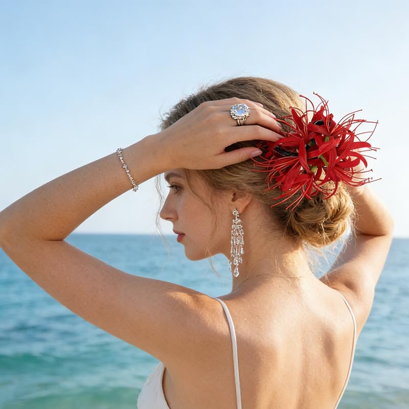 Image of Spider Lily Hair Claw Clips,Large Red Flower Hair Clips for Women,Non-Slip Hawaiian Beach Claw Clip for Thick Hair,﻿Realistic Flower Hair Accessories for Tea Party Bridal Wedding