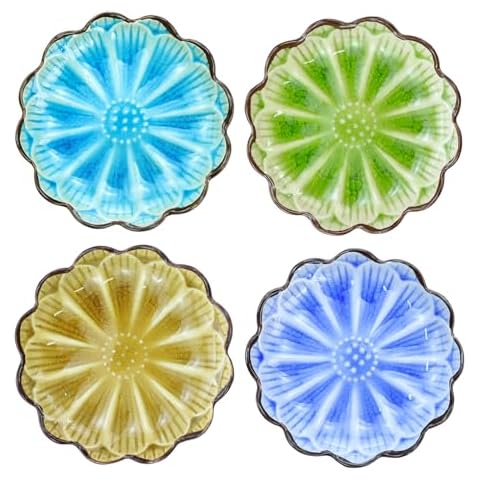 Gaolinci 4 Inches Lotus Shaped Ice Crack Ceramics Seasoning Dishes/Tea Bag Holders/Ketchup Saucer/Appetizer Plates/Vinegar Spice Salad Soy Sushi Wasabi Seasoning Dipping Dishes (Set of 4) Cover