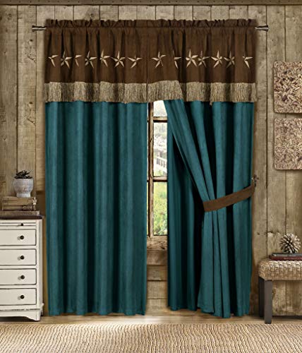 Chezmoi Collection 4-Piece Western Star Embroidery Design Microsuede Window Curtain/Drape Set with Sheer