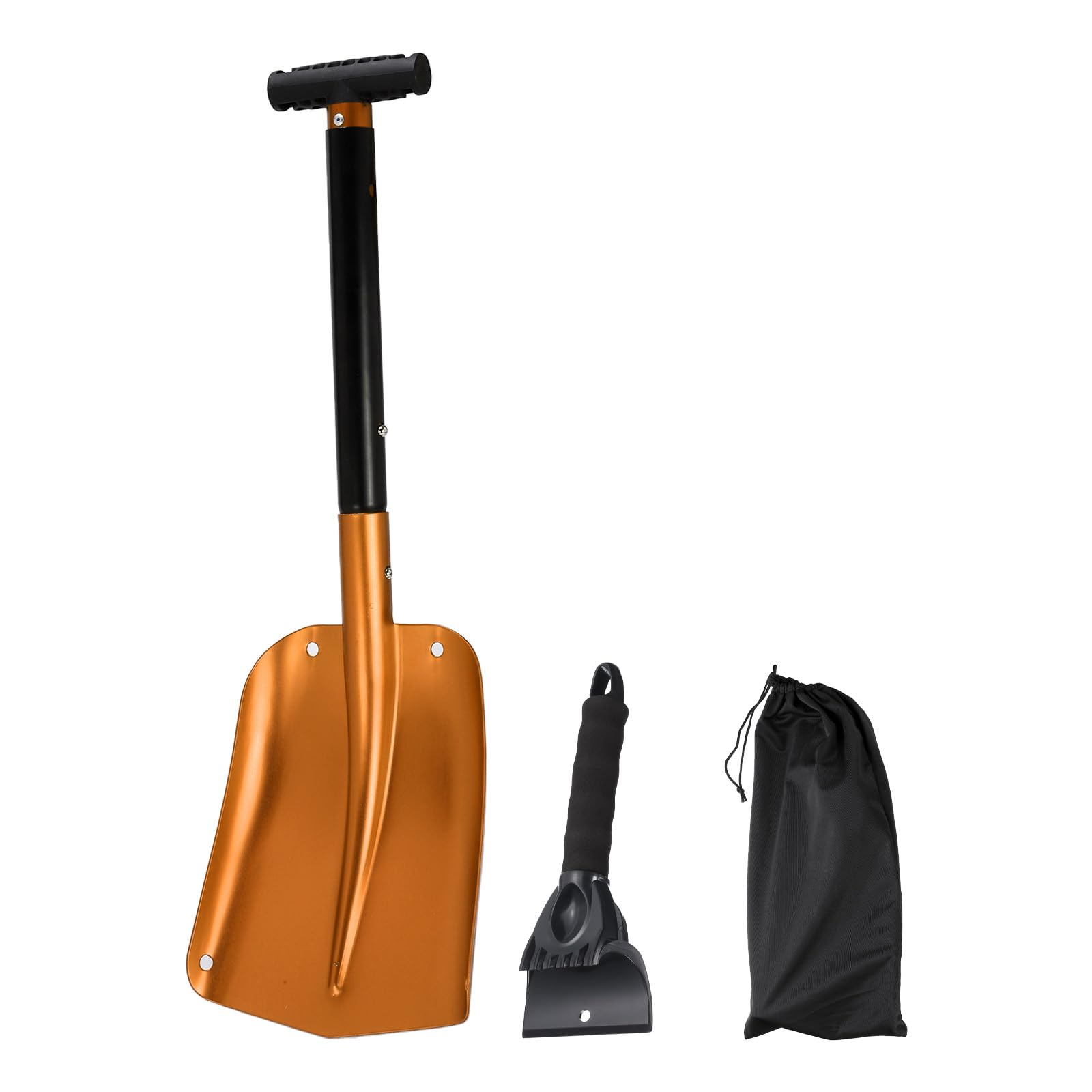 QUARKZMAN Pala da Neve 3-in-1 in Alluminio, Raschietto per Ghiaccio, Kit Emergenza Neve con borsa per Auto, Campeggio, Giardinaggio, Oro