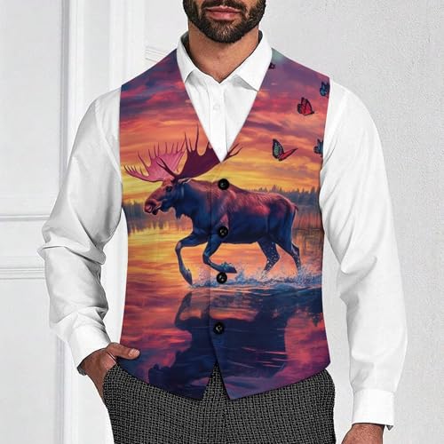 Running Moose And Butterfy Suit Vest for Men Slim Fit Sleeveless Jacket V Neck Business Waistcoat Button Up Dressy Top4