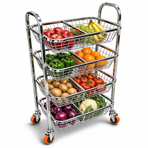 Image of OBEROI'S TRADERS Stainless Steel Vegetable & Fruit Storage Rack with Wheels, Kitchen Storage Basket Organizer, Rust Proof Stand for Onion, Potato, Fruits & Vegetables Trolley (4 RACK WITH 8 PARTITION)