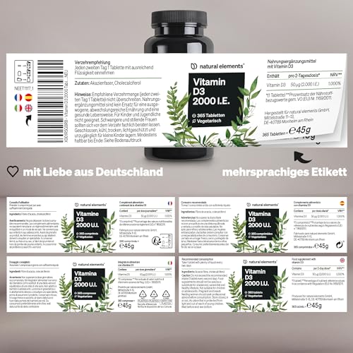 natural elements Vitamin D3 2000 I.E. – 365 Tabletten – für Knochen und Immunsystem – hochdosiert, ohne unnötige Zusätze – in Deutschland produziert & laborgeprüft – Bild 6