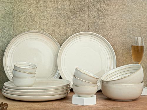 Image of Bodhi House Handcrafted Chip Resistance Porcelain Dinner Set, 14 Pieces Dish Set Serving for 6, Microwave and Dishwasher Safe, Bone-ash Free, Crockery Set for Dining and Gifting, Spanish White