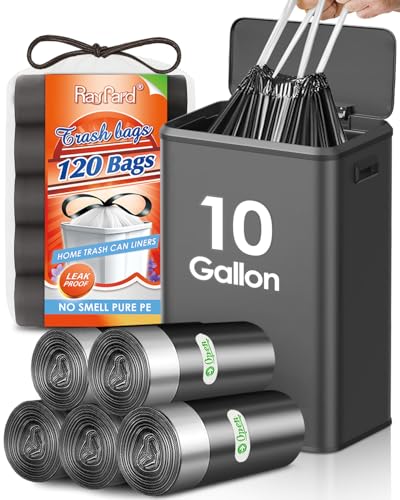 RayPard 10 Gallon Drawstring Trash Bags (fit 30-35 Liter) 120 Counts Medium Large Kitchen Garbage Bags Trash Can Liners for Home Office Light Residential Waste Outdoor Lawn Bags Black