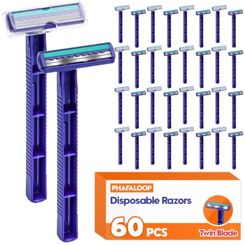 Phafaloop Twin Blade Disposable Razors for Men & Women Bulk 60 Pack Stainless Steel Shavers with Lubricating Strip Safety Cap & Non-Slip Handle for Sensitive Skin Travel Hotel Charity Blue