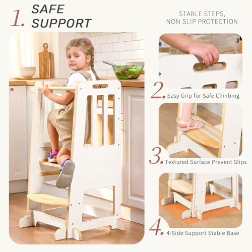 Image of WINGYZ Toddler Tower - Anti-Tip Natural Wood Learning Stool Helper for Kids 18M-6Y, 150lb Capacity Kitchen Stool with 3-Height Adjustable Platform and Sliding Door Access, 20lb Portable Design, White