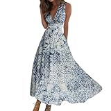 PANXTDEG Vestidos Elegantes De Mujer para Fiesta Pastel Dress for Women White Sundress V Neck Sleeveless Print Dresses Floral Dress for Women Denim Dress for Women (Ae Blue Large)