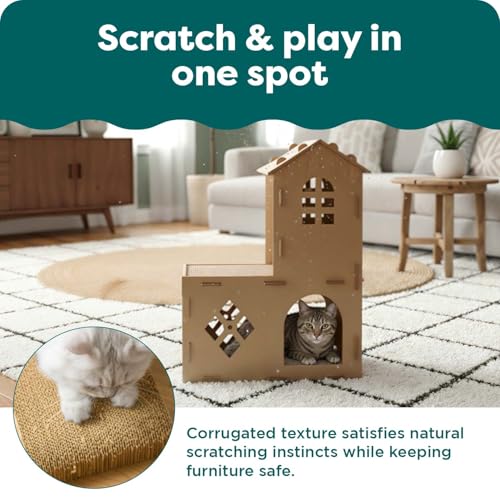 Image of FurHaven Castle Tower Multi-Level Cardboard Cat House for Indoor Cats with Catnip & Toys, Double-Walled Corrugated Scratcher Designed for Lounging, Play & Comfort, One Size, Cardboard, Brown