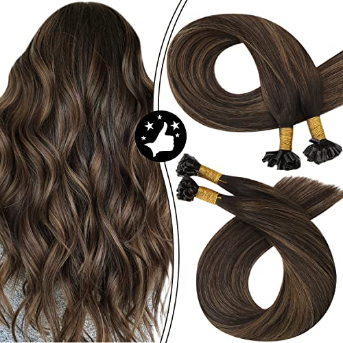 Moresoo Keratin Extensions Darkest Brown and Light Brown U Tip Keratin Hair Extensions Human Hair Silky Straight Fusion Hair Extensions 20 Inch 50 Strands 50 Grams