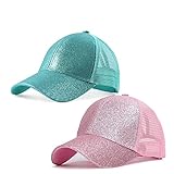 Gellwhu 2 Pack Kids Girls Glitter Ponytail Baseball Hat Messy Buns Ponycaps Visor Cap (Pink & Aquamarine, 3-8 Years)