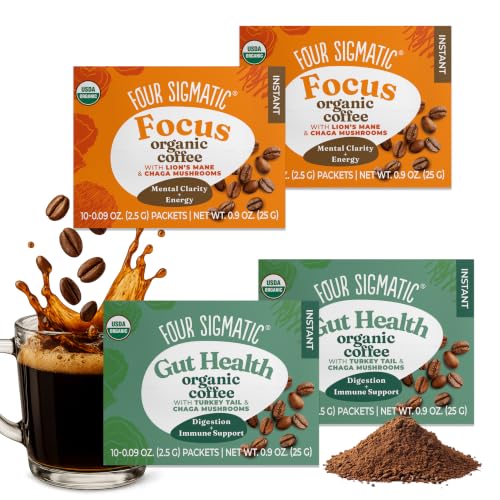 Four Sigmatic Mushroom Coffee Mix Pack of 4 - Lion's Mane and Chaga & Cordyceps and Chaga - 10 Packets Per Box
