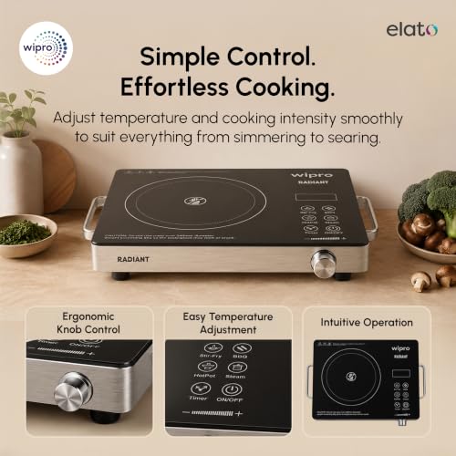 Image of Wipro Elato CIRC201 Infrared Radiant Cooktop 2200W |Works With ALL Cookware - Kadai, Glass, Clay, Aluminium & Steel |Preset Menus, Timer & Overheat Protection |Crystal Glass Top|Black|1 Year Warranty