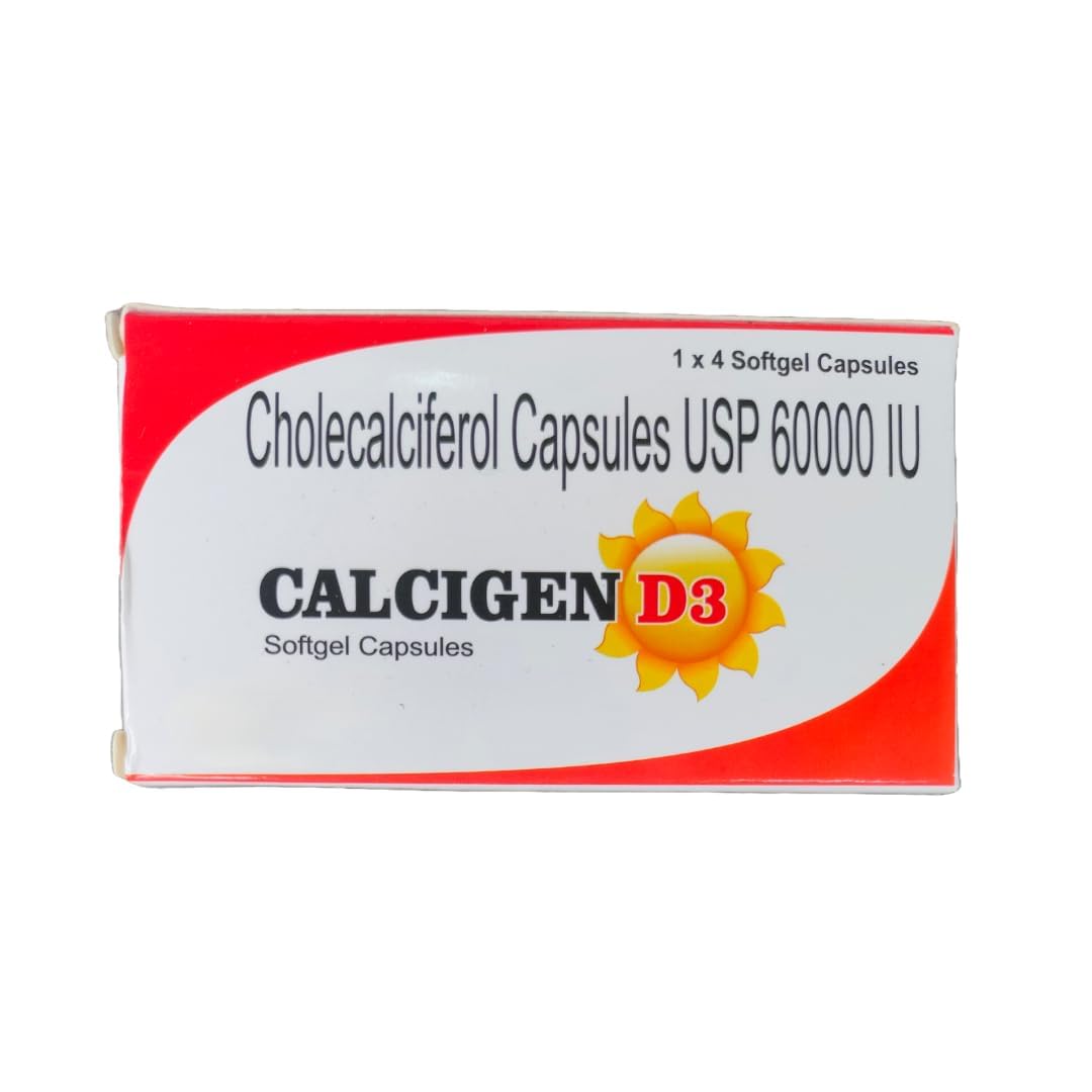 Calcigenn D3 Capsule | Cholecalciferol 60000 IU Vitamin D3 (1 Strip Calcigenn D3 Capsule) Vitamin D3 Supplement for Bone Strength & Immune Support Total 4 Capsules