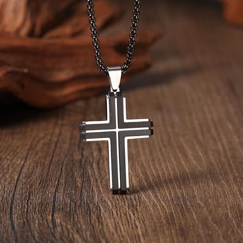Wooden Cross Necklace for Men, Natural Ebony Mens Cross Necklaces Black Stainless Steel Christian Wood Crucifix Pendant，with Necklace 24" Box Chain3