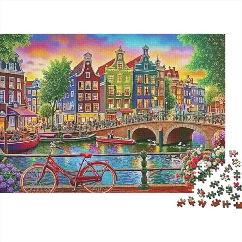 Vue des canaux Amsterdam_1 Puzzle 1000 Pièces avec Découpe Précise, Jeu De Puzzle Classique Concentration Training Puzzle pour Un Tableau À Encadrer,...