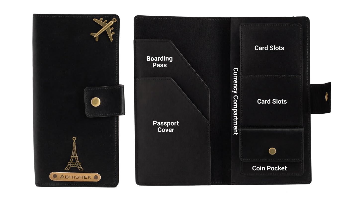 Personalized Name & Charm Long Leather Wallet Passport Cover (Black) with Passport Boarding Pass Organizer Currency Card & Coin Holder for Men & Women | Birthday Anniversary Travel Office Gifts