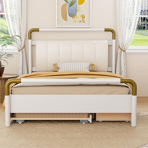 Wood Queen Size Bed Frame with 2 Big Drawers, T-XL Size Trundle, Spave-Saving Queen Bed for Kids, Teens, Adults (White)