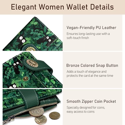 Image of Kelvoris Cute Green Black Cats Small Rfid Women Wallet Zipper Coin Pocket | Bifold PU Leather Compact Cash Credit Card Holder Travel Purse for Female Ladies Teen Girls 1 ID Window 10 Card Slots