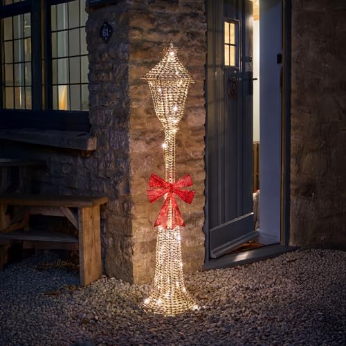 Marco Paul 120 cm Christmas Lamp Post Decoration – Large Outdoor & Indoor Rattan Lamp Post with 75 Warm White LED Lights – Weather-Resistant Festive Ornament with Red Bow for Garden & Home Décor