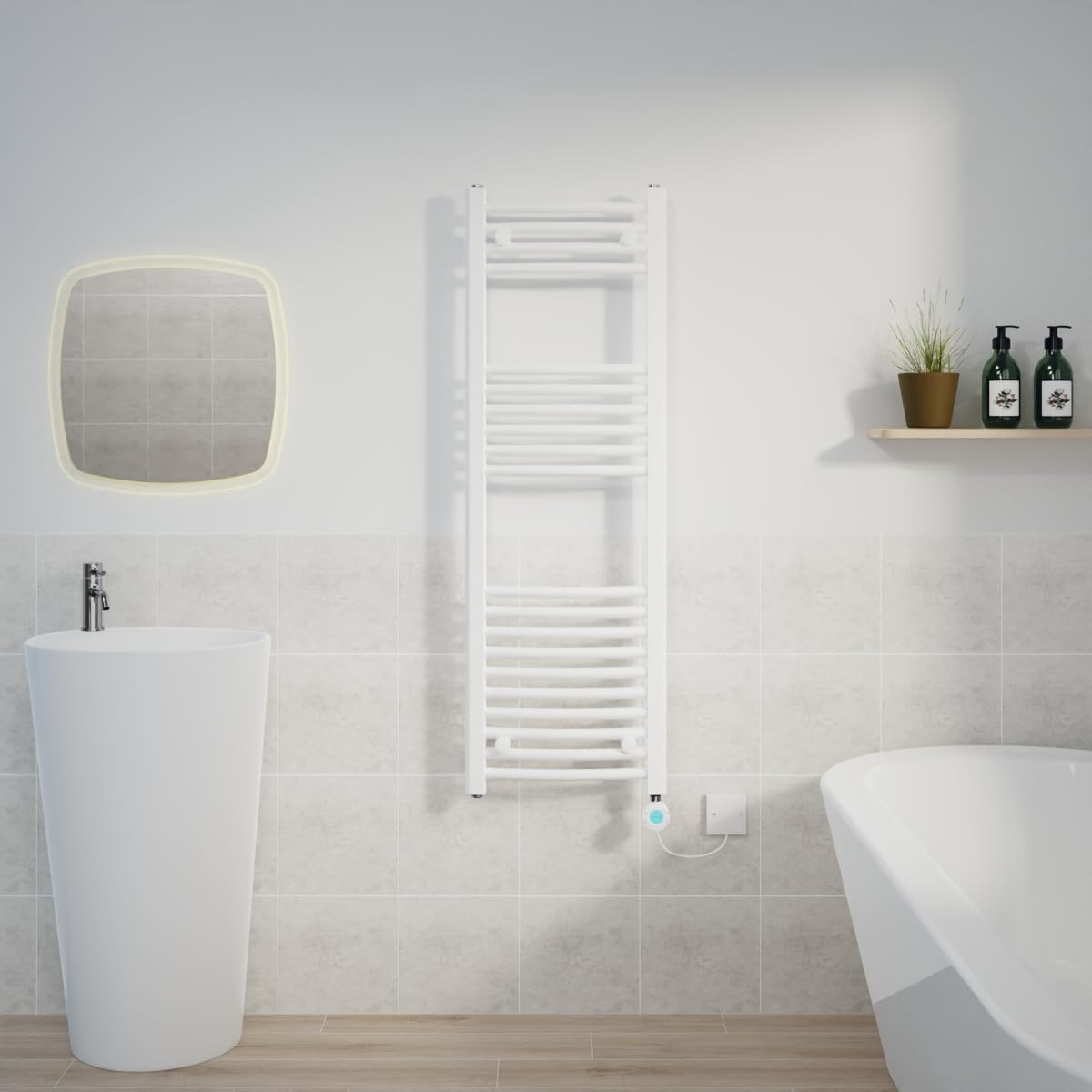 Warmehaus Electric Heated Towel Rail Curved White Thermostatic Bathroom Towel Radiator with Timer - 1200x400mm 600W — image 1