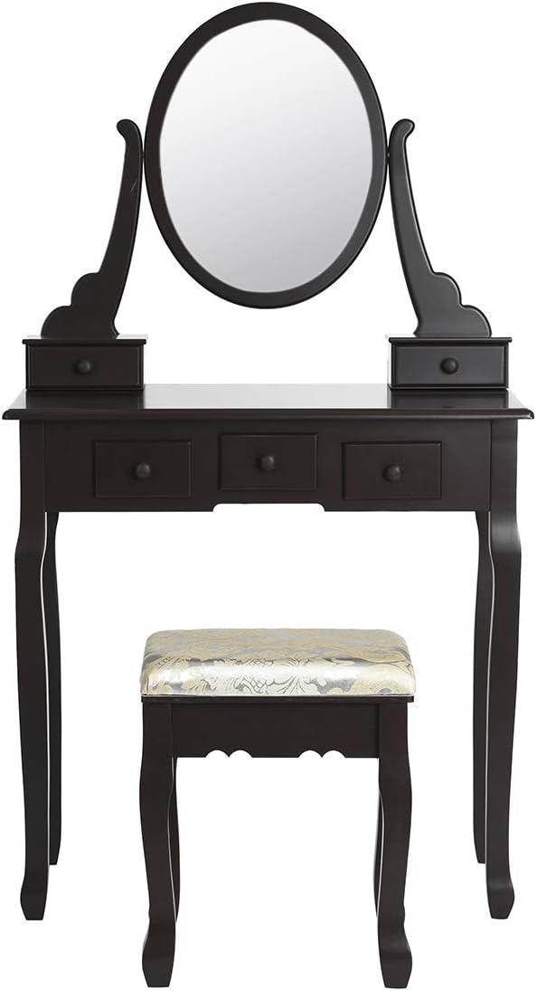 FITATHOME Dressing Table with Mirror and 5 Drawers & Storage Compartments Makeup Table Stool Set Dresser Vanity Cushioned Stool Bedroom Furniture (Coffee)