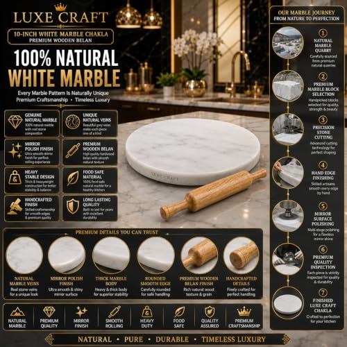Image of 10 Inch White Marble Chakla Belan Set with Wooden Rolling Pin | Marble Roti Rolling Board | Chapati Maker Phulka Maker & Paratha Making Board | Heavy Duty Smooth Finish Stone Chakla for Home & Kitchen