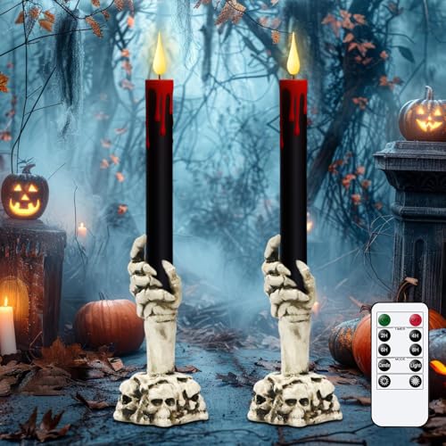 Image of Halloween LED Flameless Taper Candles Battery Operated with Remote Timer