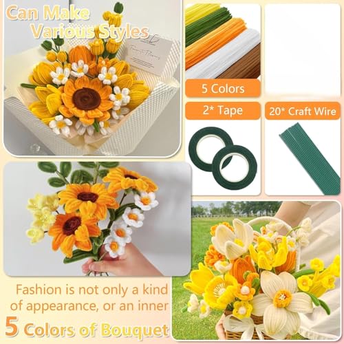 Image of BOLT BEE Pipe Cleaners Craft Set, 500 Pieces, 5 Colors, Chenille Stems with Floral Wires, Gardening Tape, Stamen for DIY Flower Making (Sunflower)